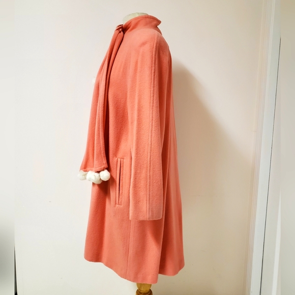 Vintage 80s Coral Pink Pompom Wool Blend Winter Coat with Inset Scarf - Picture 2 of 7